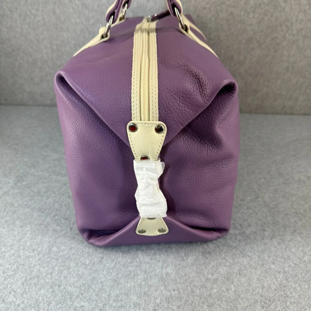 Levenger Leather Duffel Travel Weekend Touring Bag Grape Purple Cream Strap NEW